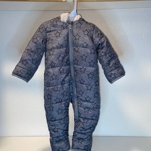 Infant snowsuit 3/6 months, grey with star print.